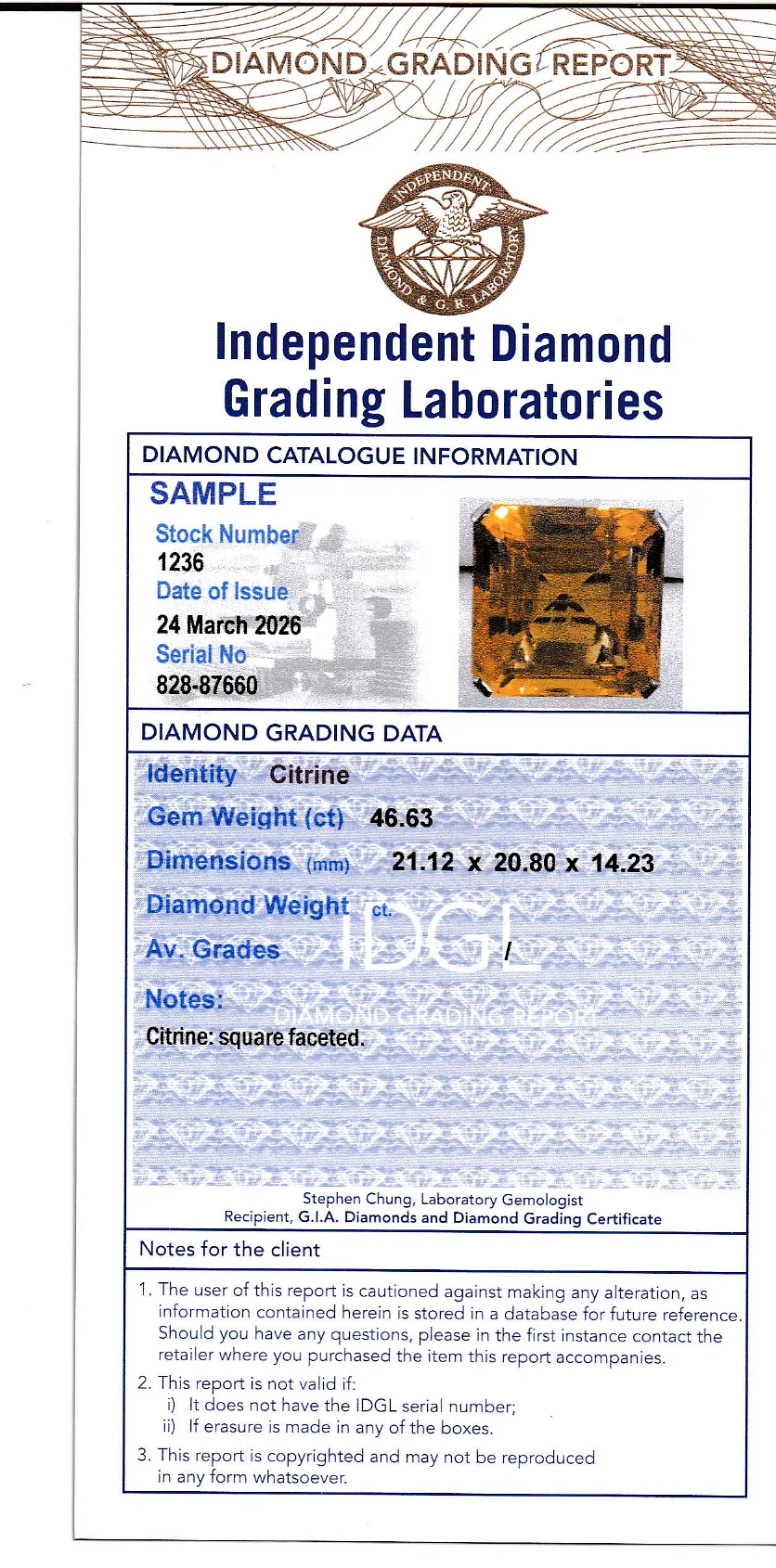 Coloured Gems Reports Sample