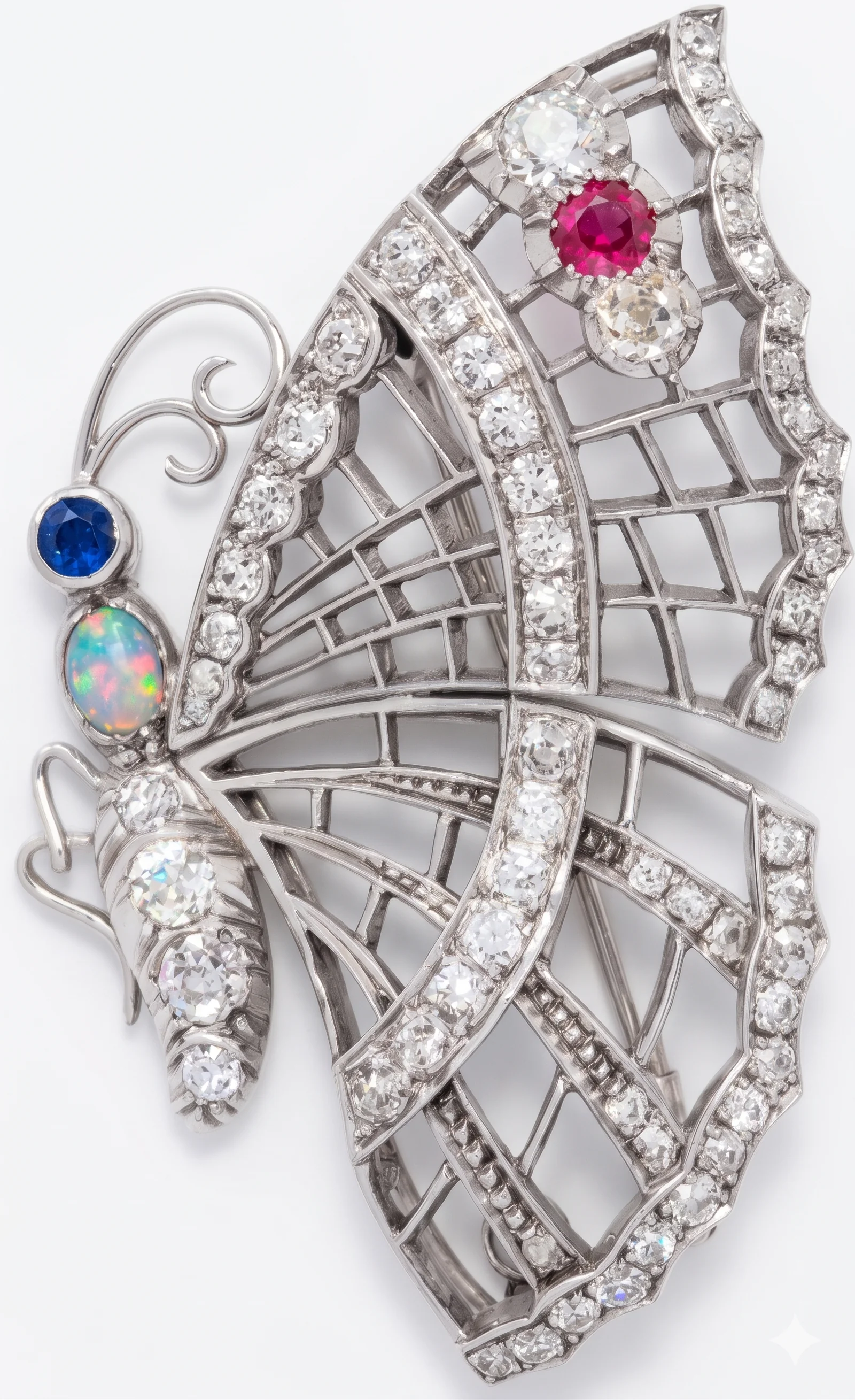 Diamond, ruby, sapphire and opal brooch
