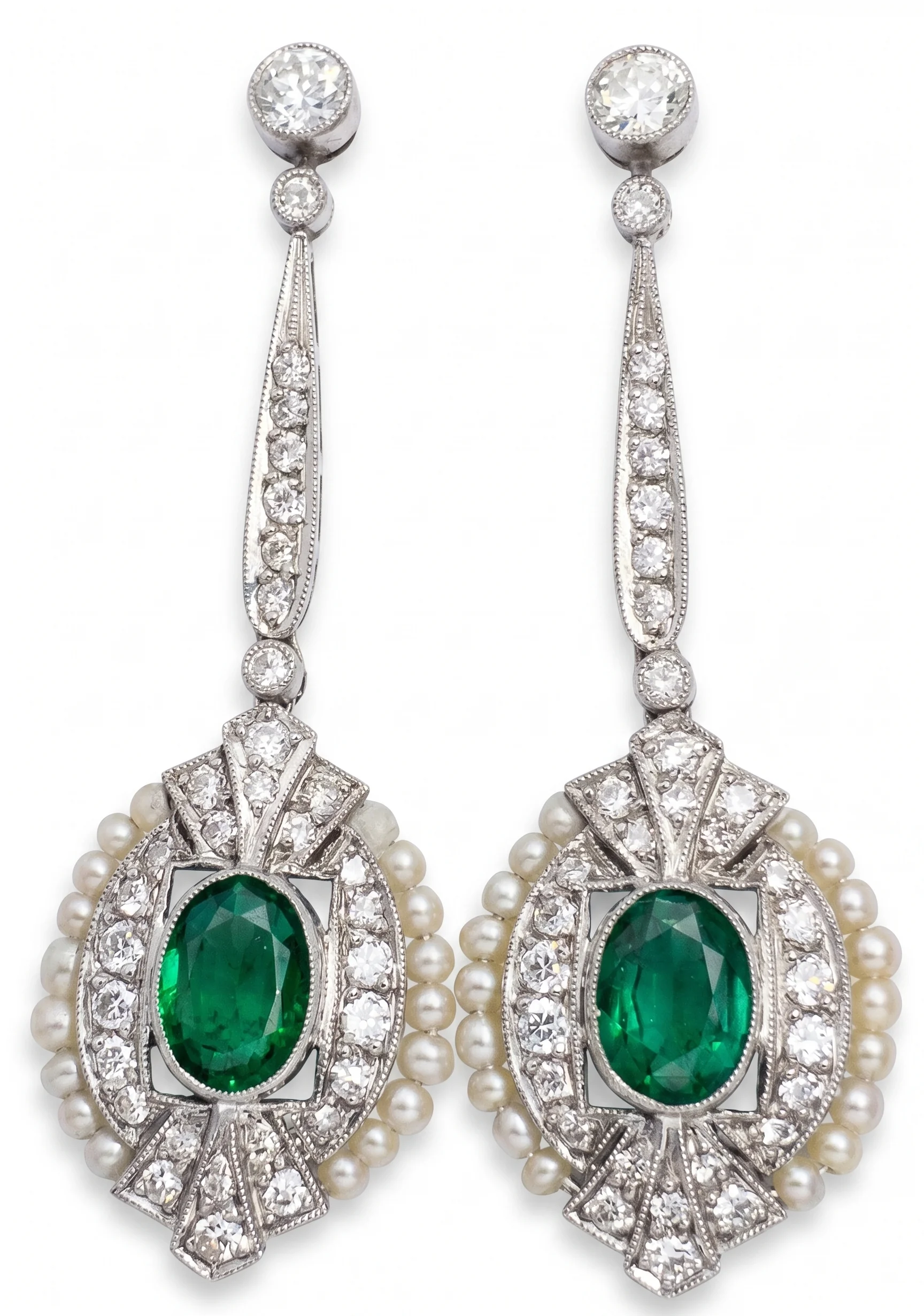 Emerald, diamond and pearl earrings